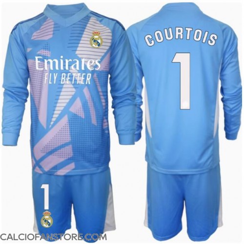 Maglia Calcio Real Madrid Thibaut Courtois #1 Portiere Prima Divisa Bambino 2024-25 Manica Lunga (+ pantaloncini)